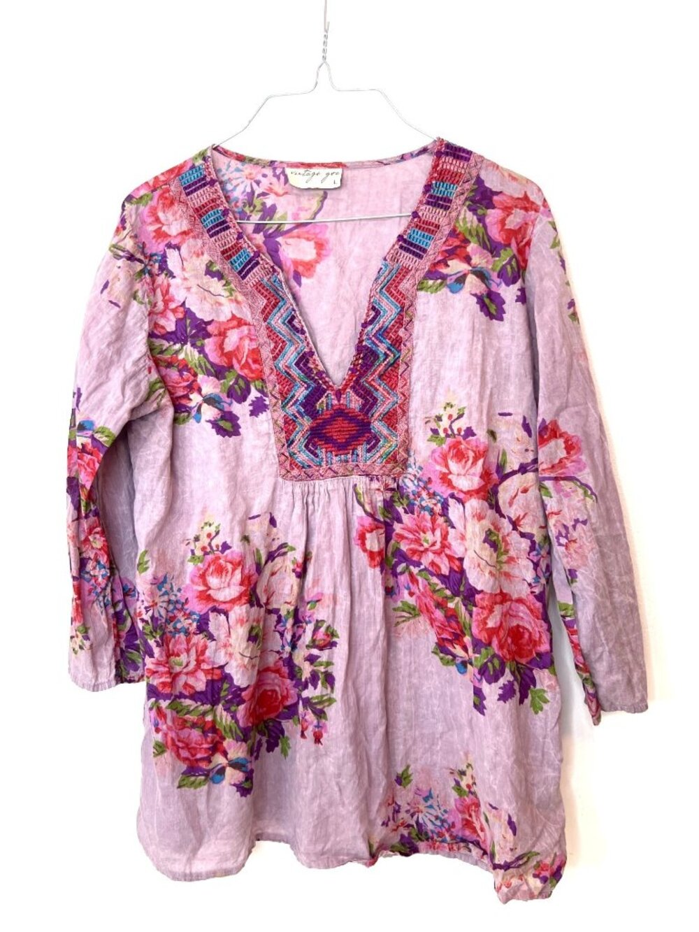 Vintage Goa Large Boho Blouse Embroidered Floral Hippy Sheer Cotton India Tunic